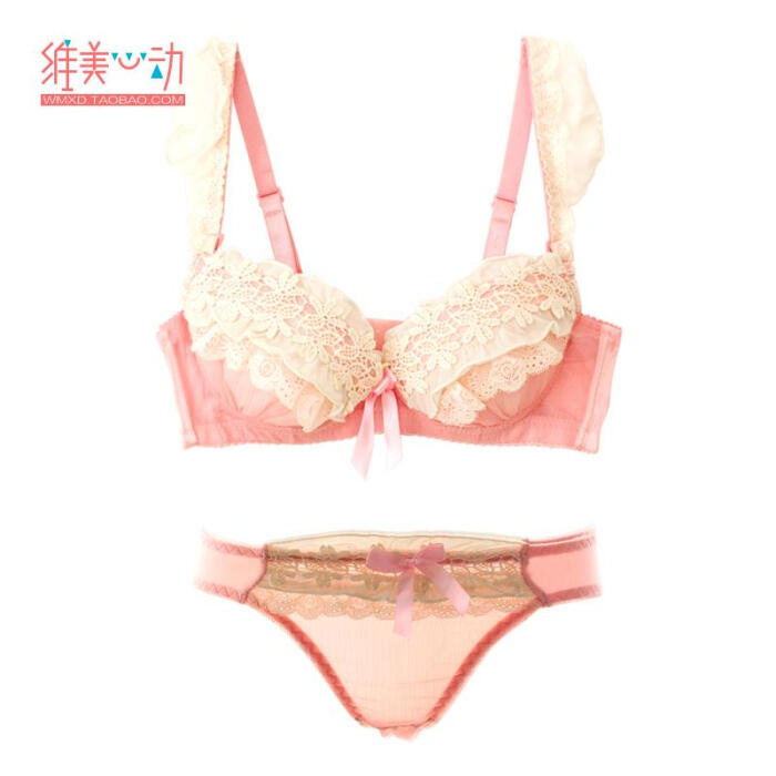 日系甜美少女内衣性感雪纺层纱蕾丝上薄下厚聚拢文胸套装