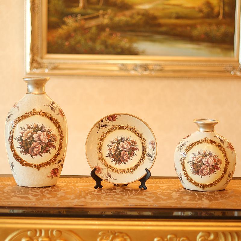 花瓶三件套 插花摆件 复古陶瓷工艺品 客厅家居装饰品摆设电视柜