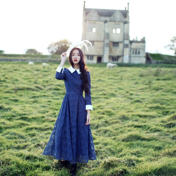 无有无印2015春季蓝色重工绣花蕾丝打底裙连