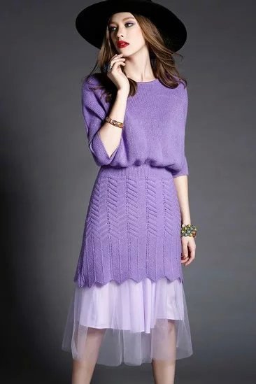 【针织欧根纱两件套连衣裙】柔美浅紫.紫色…-堆糖