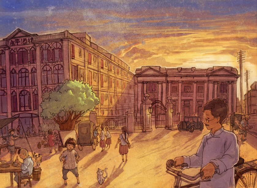 关于民国时期汕头老市区的绘本的插图,主要是表现那个时代的生活场景.