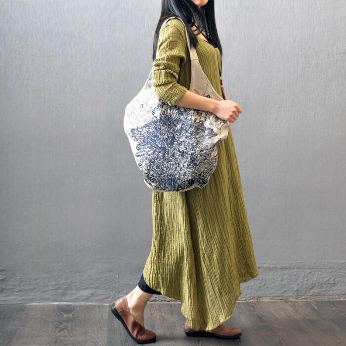 2015 肌理亚麻长袖中长款连衣裙袍子 原创设计