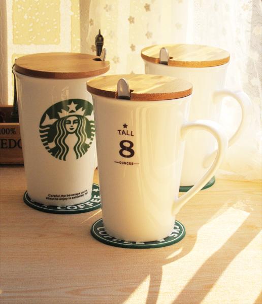 星巴克简约情侣美人鱼数字陶瓷马克杯子咖啡牛奶水杯 带盖勺杯垫