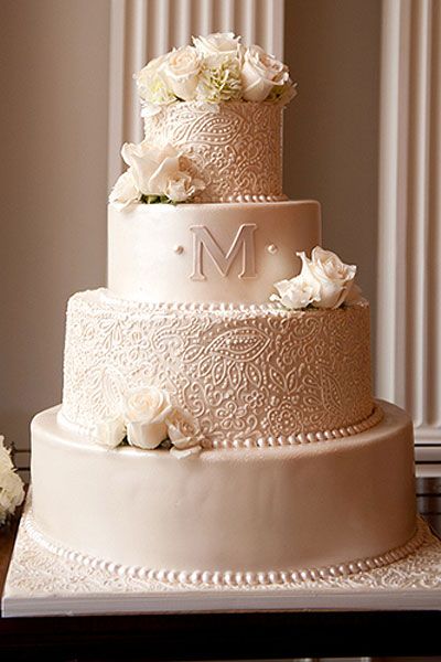 经典香槟色白玫瑰装饰欧式四层婚礼蛋糕