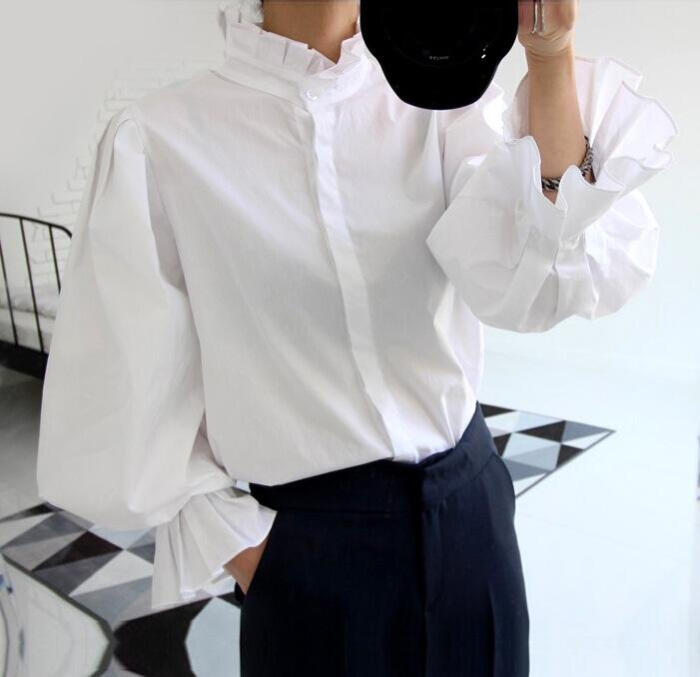2015春款韩版宽松灯笼袖白色长袖衬衫 气质泡泡袖复古女装衬衣女