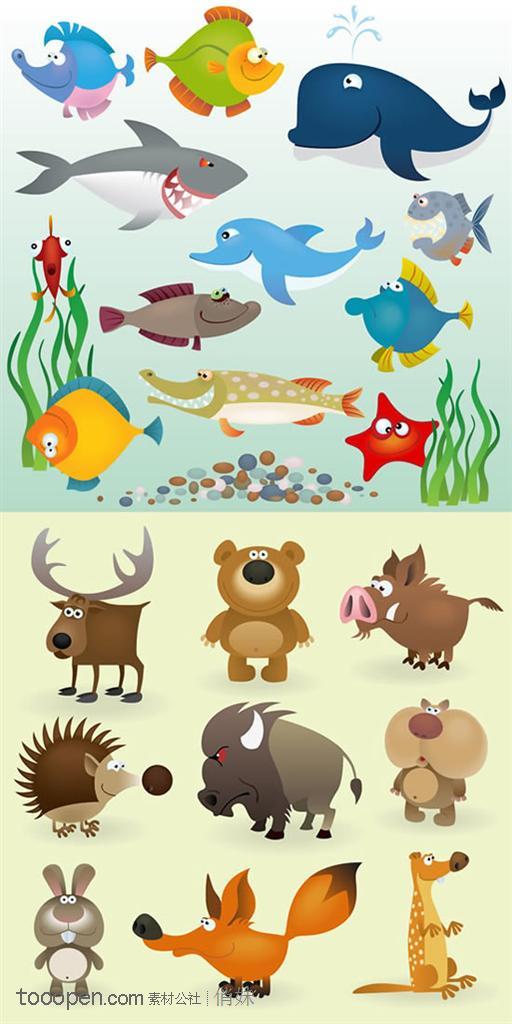 卡通海洋鱼类陆地动物矢量素材