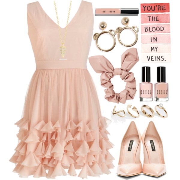 look from may 2015 featuring pink v neck dress, heels &amp