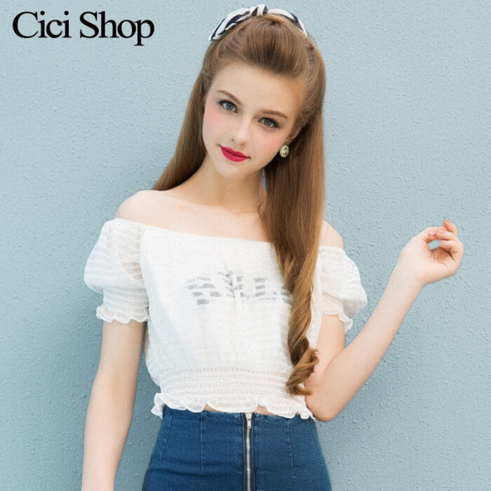 2015新品日系一字领泡泡袖英文印花甜美性感