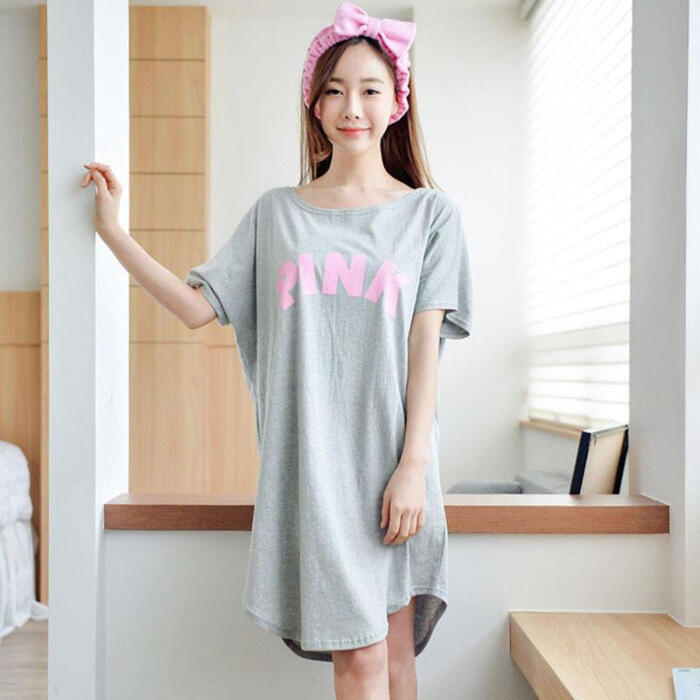 韩版PINK睡裙女式夏季短袖纯棉中裙可爱莫代