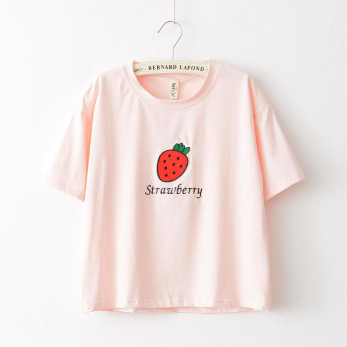 草莓图案刺绣短袖t恤衫女韩版宽松甜美日系…