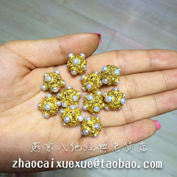 中国传统老北京纯手工艺花丝镶嵌纯银鎏金镶嵌天然白珍珠球珠子