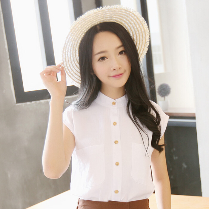 2015韩版修身短袖衬衫女棉麻上衣百搭显瘦女