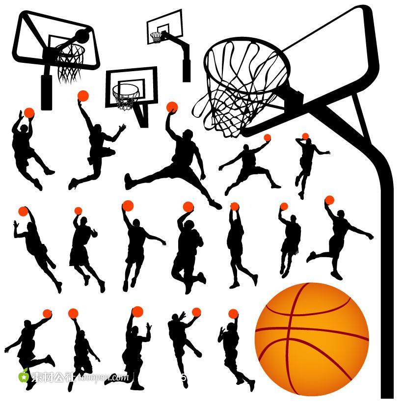 篮球运动人物剪影与篮球架矢量素材
