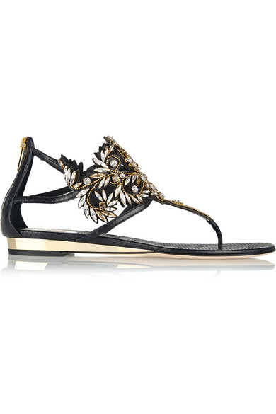 René Caovilla 这款水蛇皮 T 字带凉鞋点缀…-