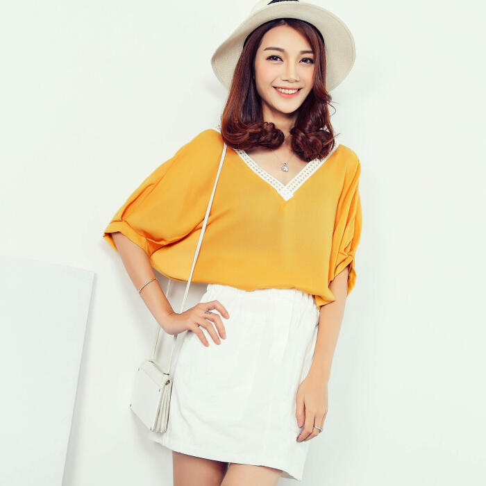 2015夏季韩版V领棉麻衬衫女韩国黄色针织蝙蝠