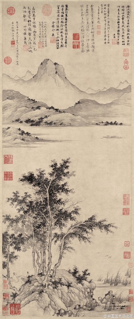 山水画#【 元 盛懋 《秋江待渡图》 】立轴,纸本,墨笔,112.5×46.