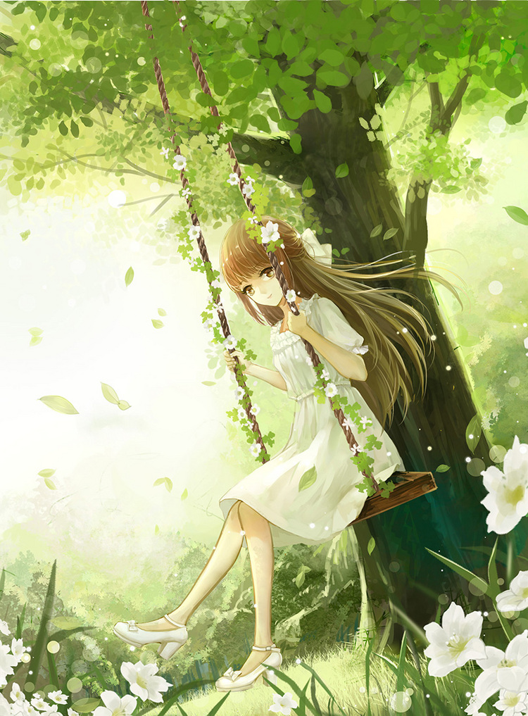 花秋千-喜乐园_花,秋千,少女,绿植,风,清新,原创_涂鸦王国插画