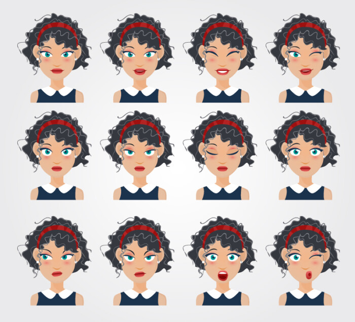 12款卷发女子表情矢量素材,素材格式:ai,素材关键词:女子,头像,表情