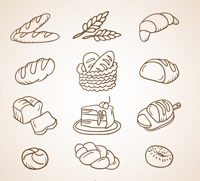 素材格式:ai,素材关键词:甜点,甜甜圈,蛋糕,面包,牛角面包,法式长棍