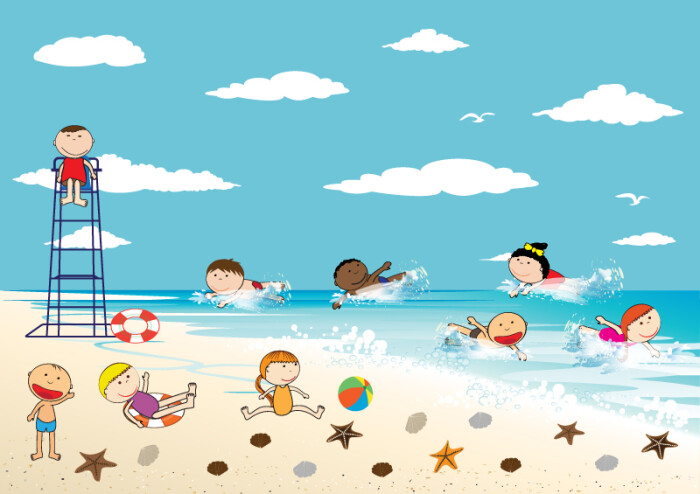 素材格式:eps,素材关键词:沙滩,孩子,大海,儿童,游泳