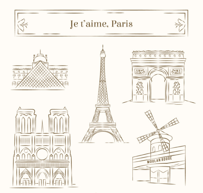 素材格式:ai,素材关键词:埃菲尔铁塔,巴黎,巴黎铁塔,凯旋门,红磨坊
