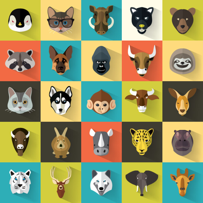 素材格式:eps,素材关键词:图标,动物,头像,猫,猴子,袋鼠,河马,豹子,牛