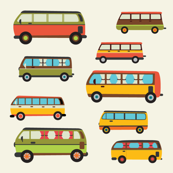 9款卡通客车设计矢量素材,素材格式:ai,素材关键词:车辆,公共汽车