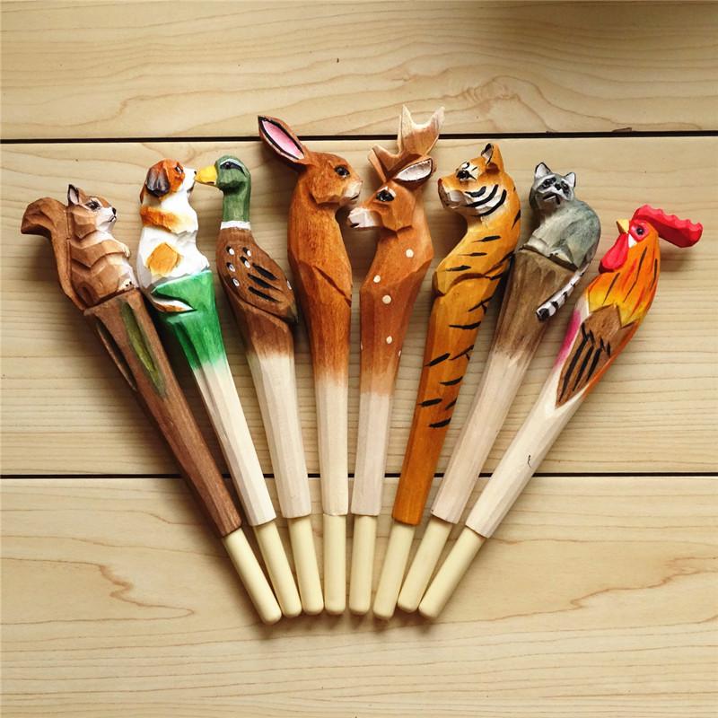 满38 纯手工可爱实木人工雕刻动物笔 创意艺术中性笔 礼物