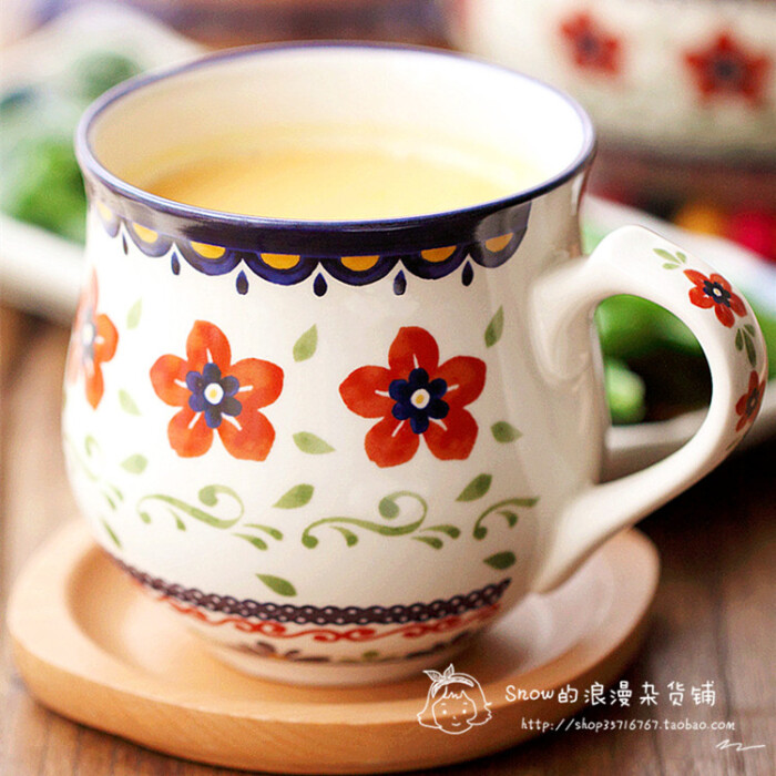 北欧陶瓷杯 波兰传统花纹杯 胖肚奶杯 马克杯 红色花朵 日本进口