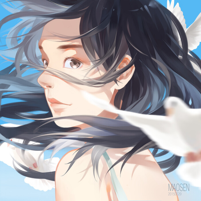 夏日-毛森_夏日,少女,蓝天,鸽子,原创,青春_涂鸦王国插画