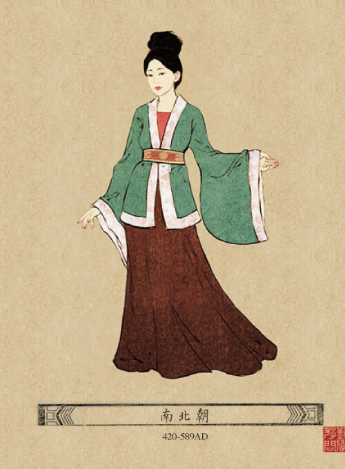组图:看中国女装变迁史;南北朝衣身紧贴,对襟直领衣袖细窄,引入胡服