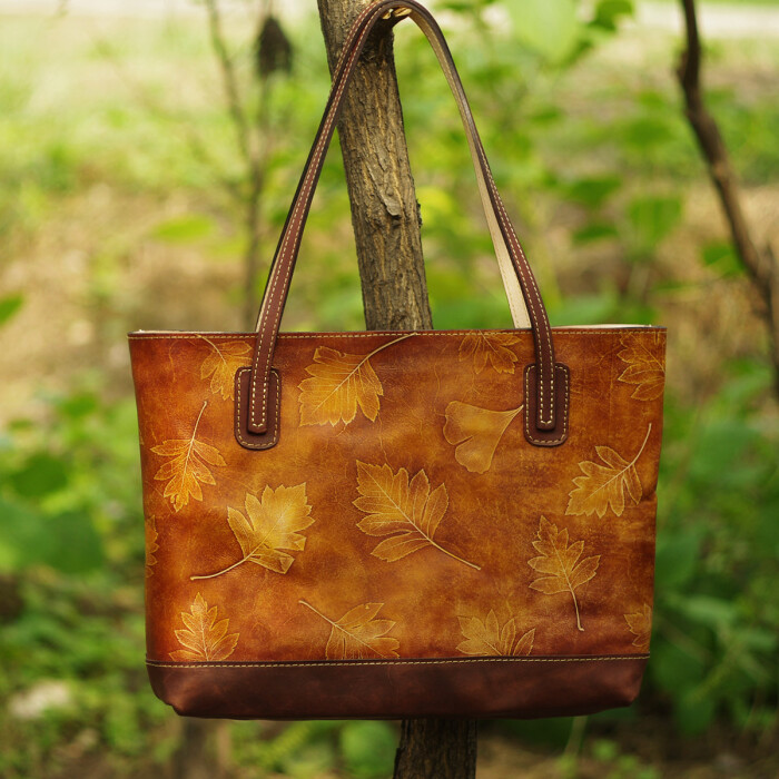 真实树叶手工制作头层植鞣牛皮托特包 单肩…