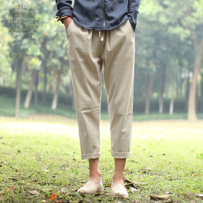亚麻男裤夏装 九分裤修身裤棉麻男装9分-堆糖