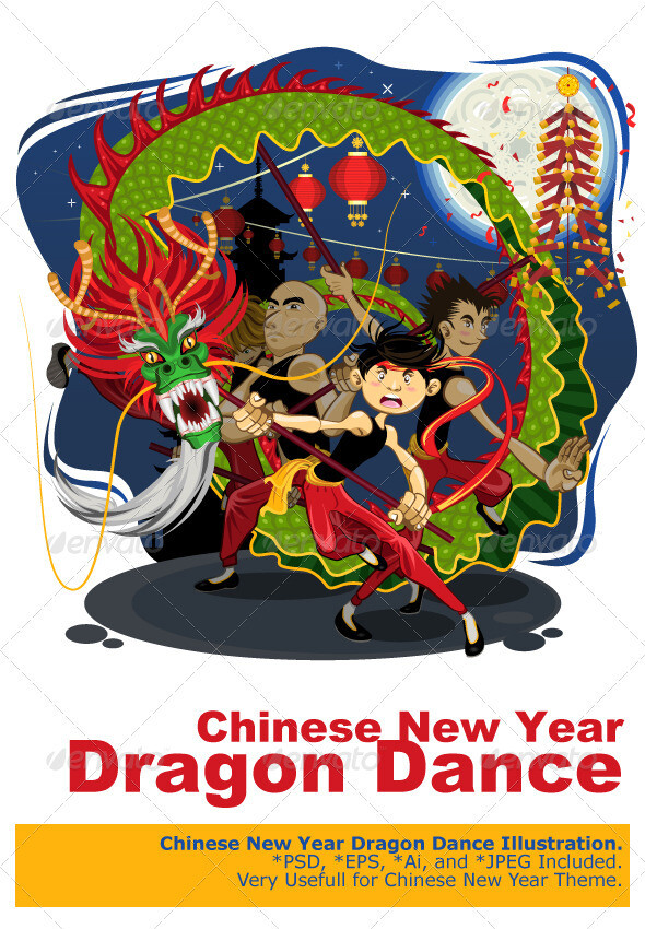 chinese new year dragon dance 喜庆绘画插图设计素材源文件模板