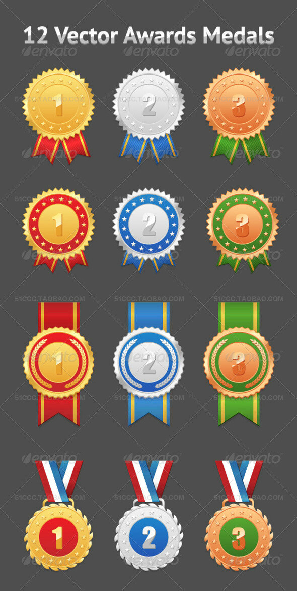 set of 12 vector awards medals矢量奖牌绘画插图模板设计源文件