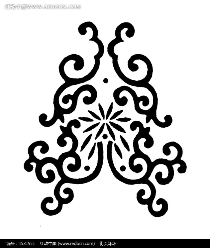 卷曲枝叶纹花瓣圆点构成的对称花纹黑白图案图片
