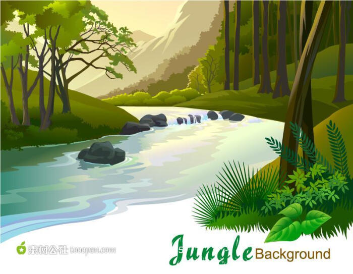 森林溪谷风景插画矢量素材