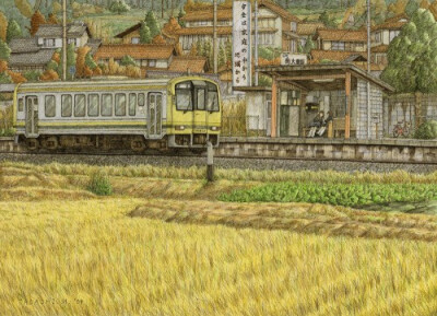 和你推荐来自插画师松本忠的日本郊区的电车风光场景插画,抒情铁路