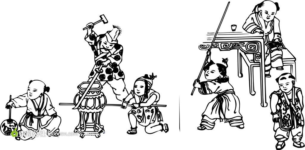 中国传统元素铸剑执扇练武看书图