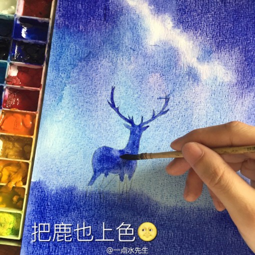关于如何画一幅星空与鹿的水彩画绘画教程 | A