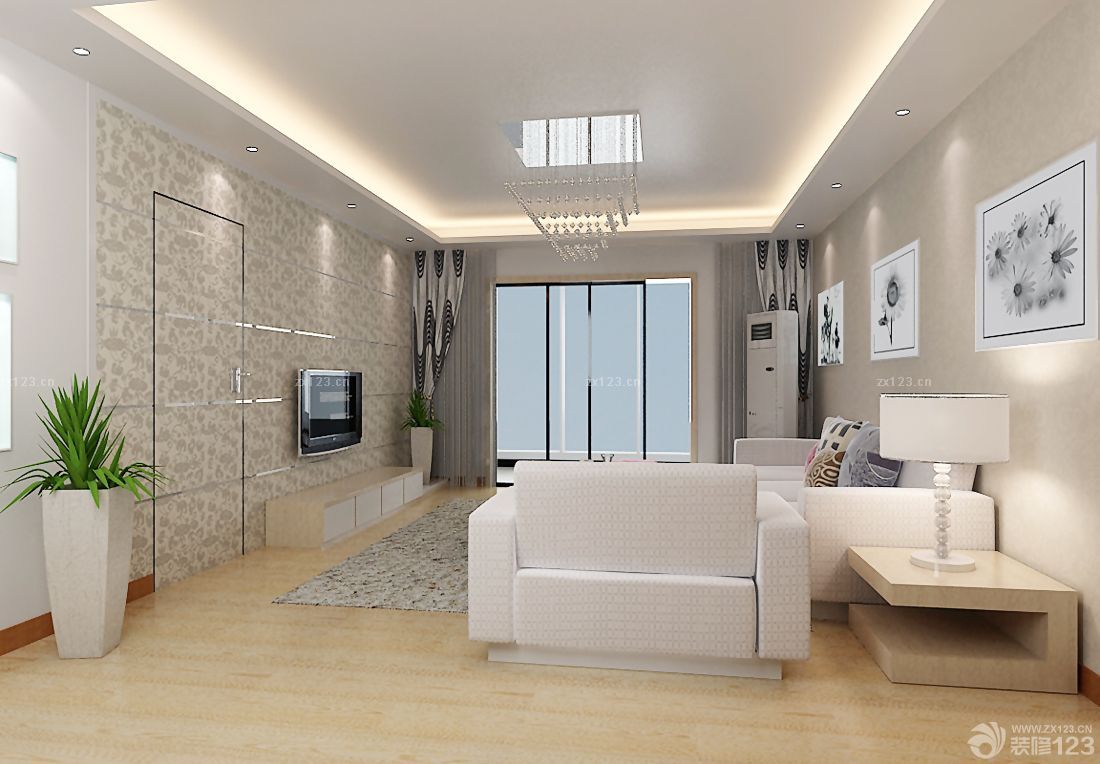 最新现代简约客厅吊顶白色灯带装修效果图片