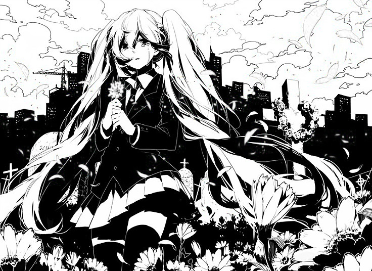 美图 动漫 初音 黑白 场景 双马尾 花丛【白木久】