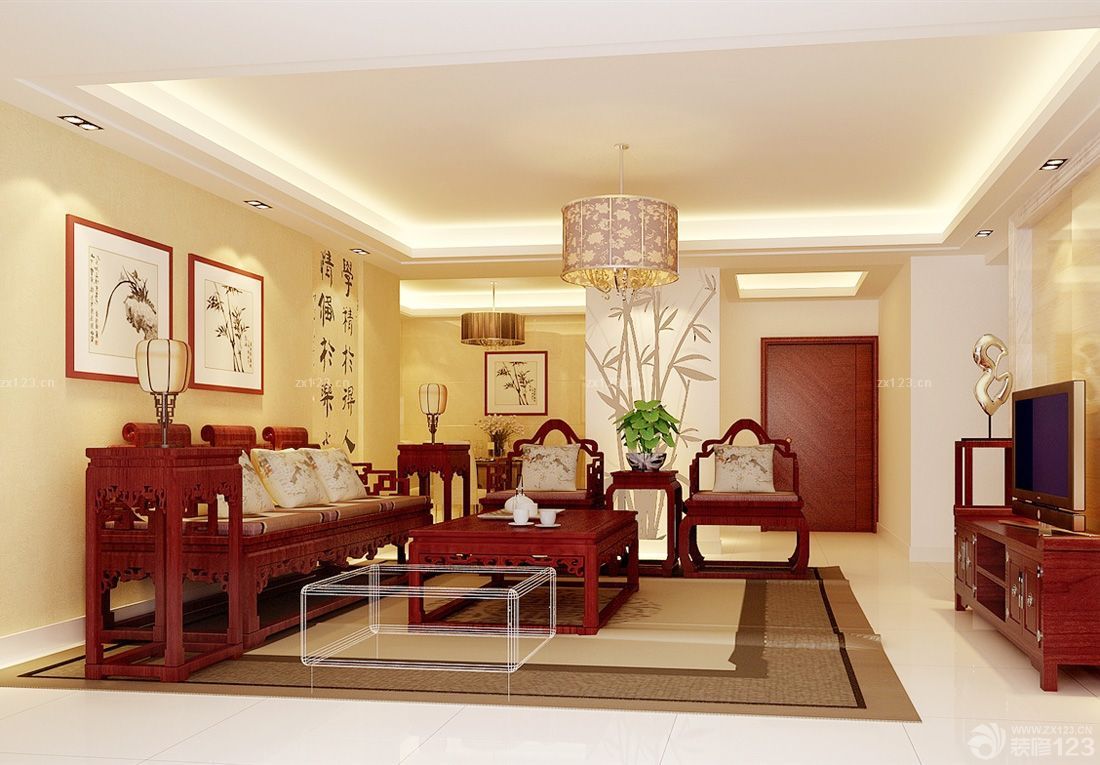 中式家装效果图客厅实木家具图片