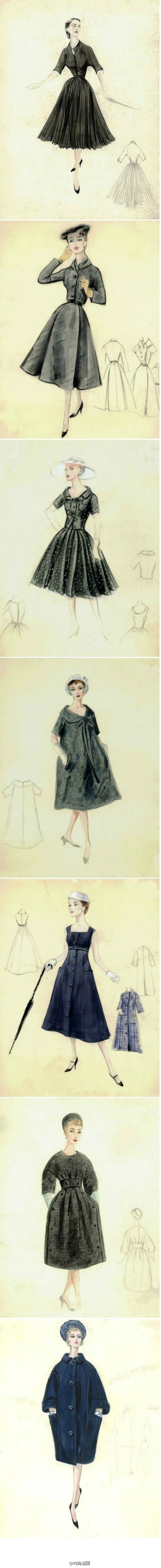 1950-1969 christian dior时装设计稿,经典的a型大衣,钟型大衣,伞裙短