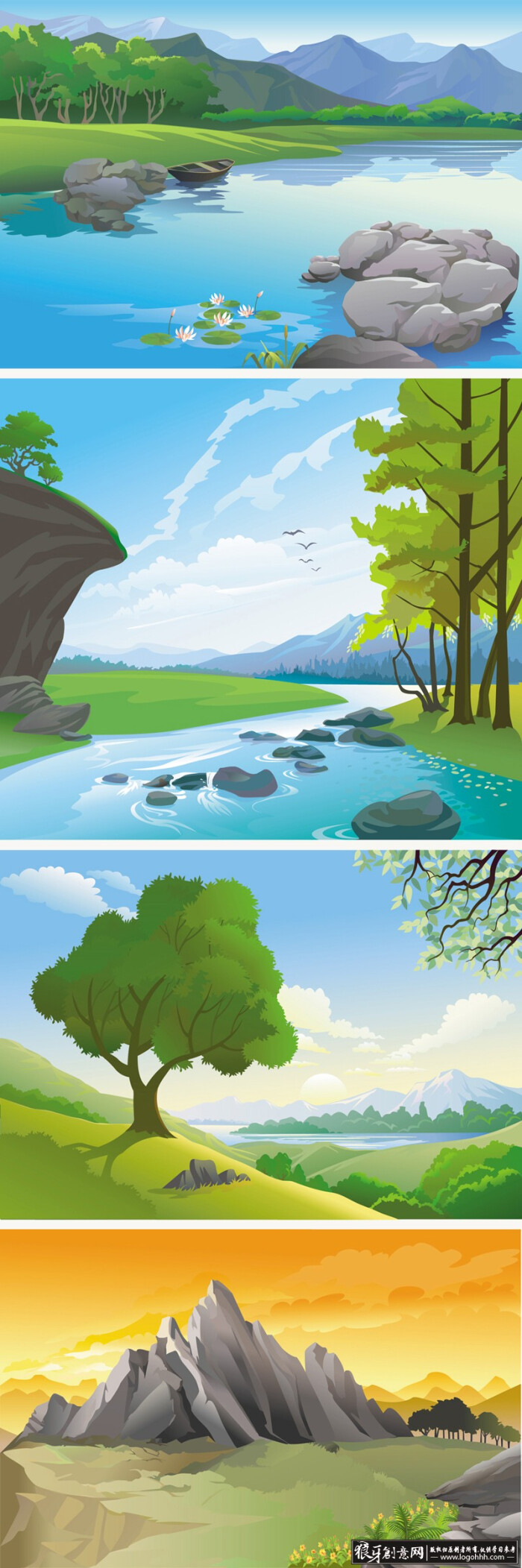 矢量风景插画素材,风景画矢量图,大自然插画矢量图,矢量山坡,矢量水