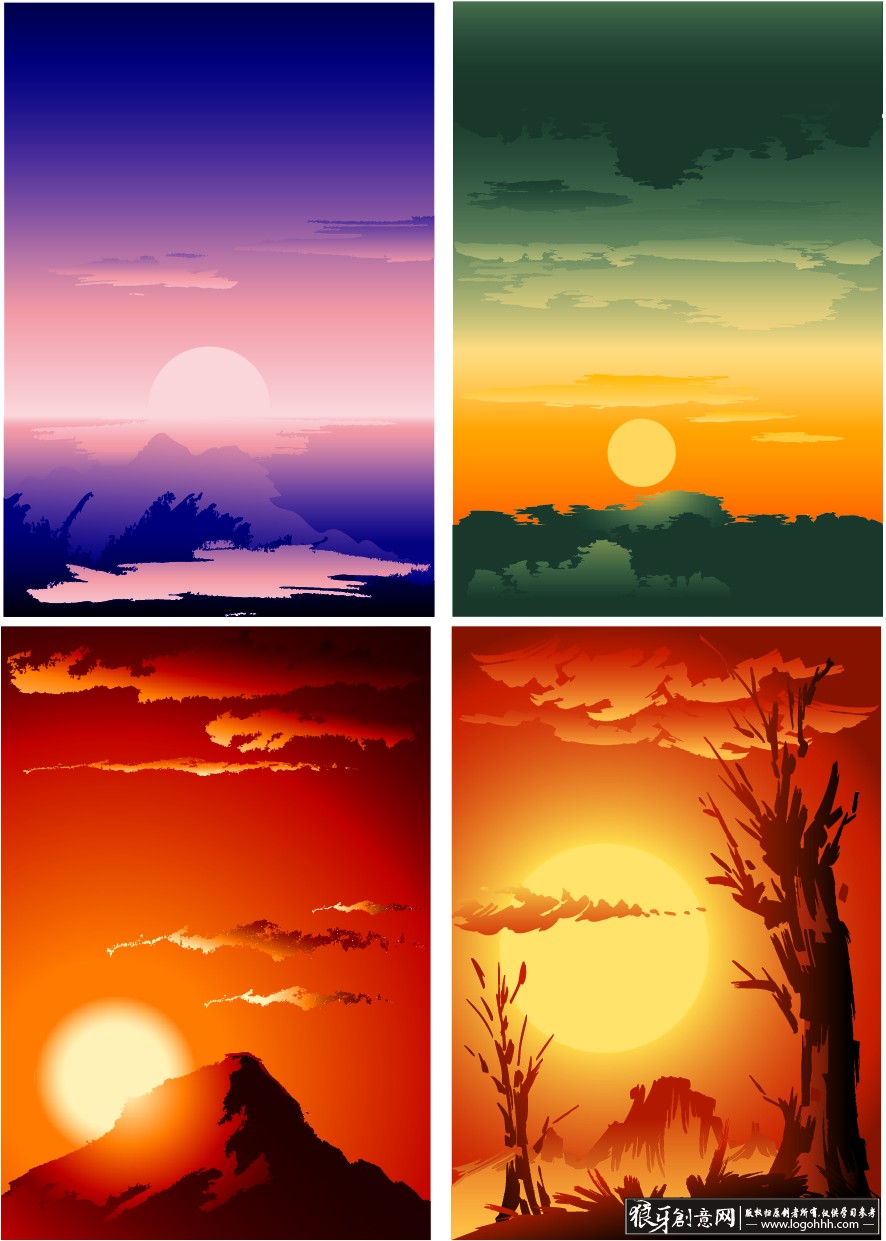 矢量插画风景设计素材 矢量风景背景模板 手绘风格日出日落矢量背景