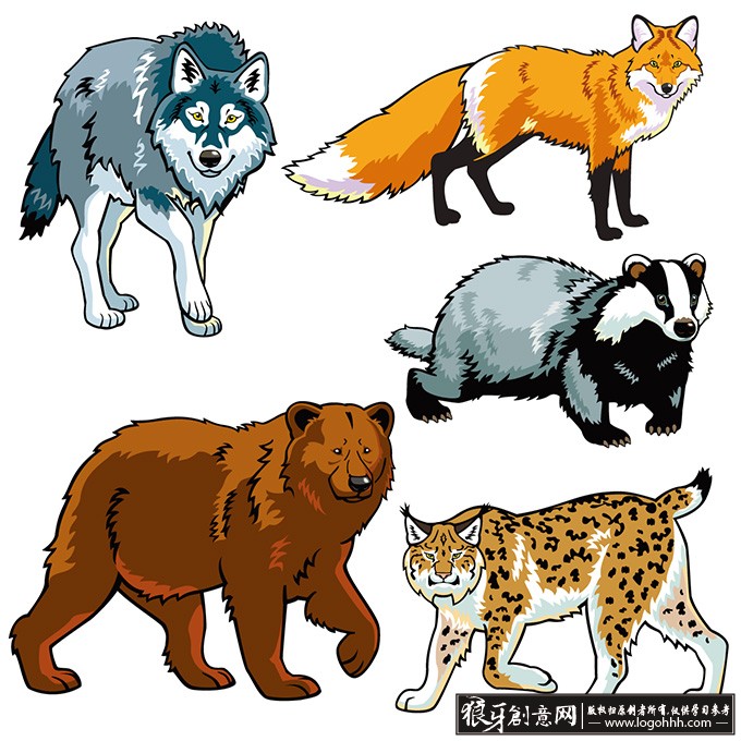 动物矢量素材,陆地动物,卡通动物矢量图,漫画动物,狼,狐狸,老虎 狼狗