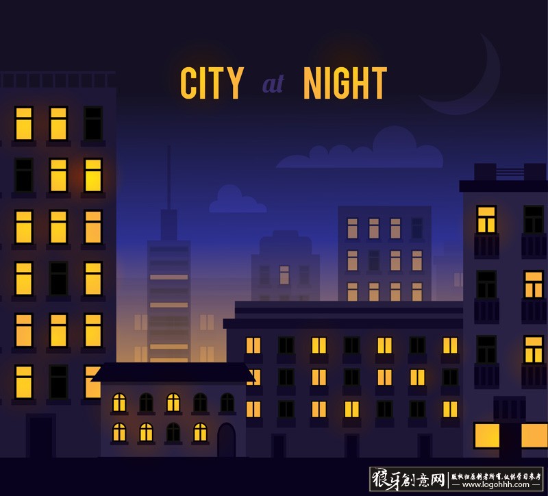 夜景 动漫城市夜晚灯光 高楼大厦建筑背景 都市夜色圆月亮插画 卡通