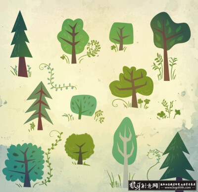 图标/标签 卡通树木矢量素材,插画树林矢量图,植物矢量图,矢量花草