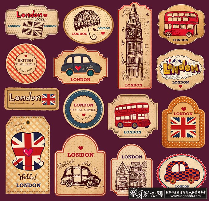 矢量英国文化标签,英国国旗,雨伞,复古矢量标签,英国主题图标,英伦风